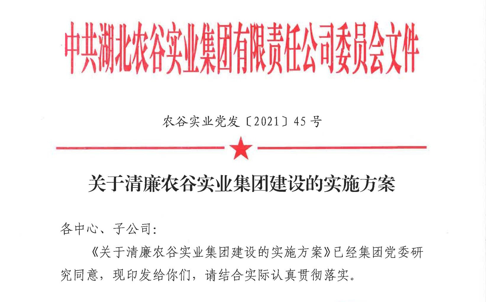 關于清廉農谷實業集團建設的實施方案